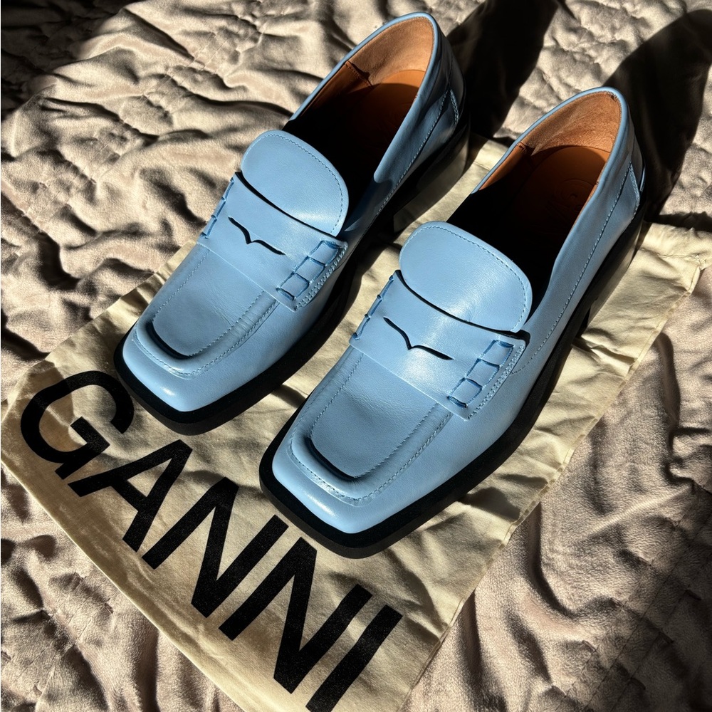Ganni Sky Blue Women’s Penny Loafers with Block Heel